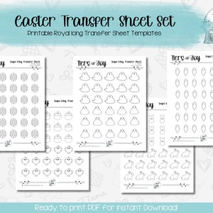 May include: Printable Easter transfer sheet set for royal icing. The set includes five sheets with different designs: eggs, chicks, bunnies, carrots, and peeps. The sheets are black and white and ready to print.