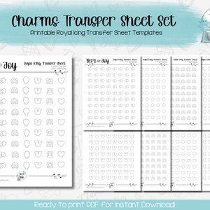 May include: Printable transfer sheets for royal icing, featuring a set of six sheets with different charm designs: crescent moon, star, rainbow, balloon, horseshoe, and heart. The sheets are labeled "Royal Icing Transfer Sheet" and "Tiers of Joy".
