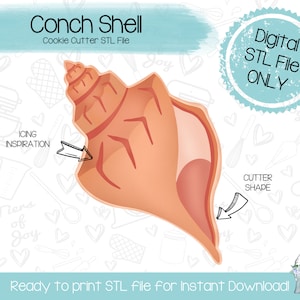 May include: A digital STL file for a conch shell cookie cutter. The image shows a pink and orange conch shell cookie cutter design with the text "Conch Shell Cookie Cutter STL File" and "Digital STL File ONLY".