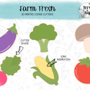 May include: Image features cookie cutter shapes of vegetables and a mushroom. The shapes include an eggplant, broccoli, a mushroom, a radish, corn, and a tomato. Text reads "Farm Fresh 3D Printed Cookie Cutters."