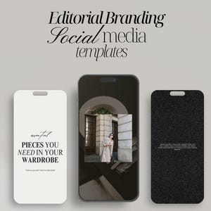 May include: Three smartphone mockups showcasing social media templates. The first displays the text "essential PIECES YOU NEED IN YOUR WARDROBE". The second features a photo of a person in a building. The third has text on a dark background.