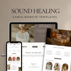 Könnte beinhalten: Ein digitales Mockup einer Website und einer mobilen App für Klangheilung. Die Website zeigt den Text "Sound Healing Canva Website Templates". Die mobile App zeigt eine Webseite mit dem Text "What is Sound?"