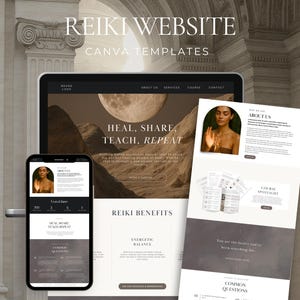 Könnte beinhalten: Ein digitales Mockup eines Reiki-Website-Designs, das auf einem Tablet und Smartphone angezeigt wird. Das Design verfügt über eine neutrale Farbpalette mit dem Text "REIKI WEBSITE CANVA TEMPLATES". Das Website-Layout umfasst Abschnitte für Dienstleistungen, Kurse und Kontaktinformationen.