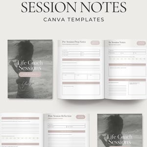 Puede incluir: Una herramienta de coaching de 7 páginas con plantillas de Canva tituladas Session Notes. El diseño incluye portadas con una foto en blanco y negro de una persona en la playa, además de páginas interiores para notas de sesión y reflexión.