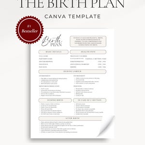 May include: A white digital birth plan template with black text, featuring sections for basic details, health info, labor preferences, monitoring, positions, C-section requests, and after-birth care. A red circular badge reads #1 Bestseller.