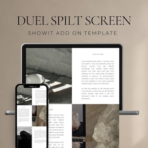 May include: A digital mockup featuring a laptop and smartphone displaying a website template. The text "DUEL SPILT SCREEN" and "SHOWIT ADD ON TEMPLATE" are at the top. The design includes text and image placeholders.