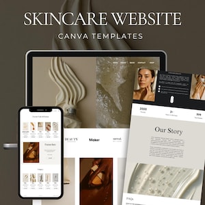 May include: A digital display of skincare website Canva templates featuring a desktop monitor and a smartphone screen. The layout includes sections for Our Story, FAQs, and product listings with neutral beige, white, and black colour schemes.