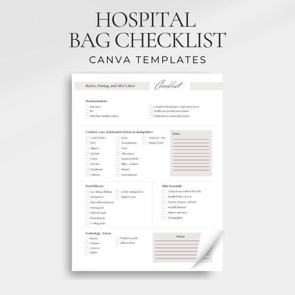 Hospital Bag Checklist, Canva template, Birth Planning, Labor Plan, New Mom Planner, Doula Tools, Midwife, Pregnancy, Labor & Delivery