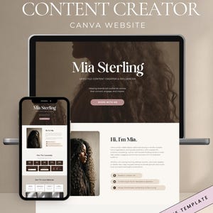 Peut inclure: Un modèle de site web numérique pour créateurs de contenu affiché sur un écran d'ordinateur portable et de smartphone. Le design présente le nom Mia Sterling, créatrice de contenu lifestyle et influenceuse, avec une palette de couleurs neutres.