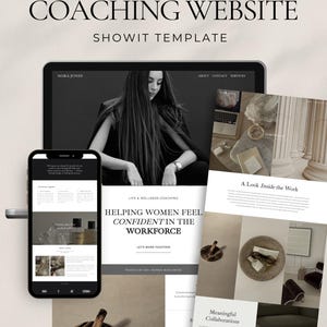 May include: A digital Showit website template for coaching, featuring a desktop monitor and smartphone display. The design includes text headers like COACHING WEBSITE, SHOWIT TEMPLATE, NORA JONES, and HELPING WOMEN FEEL CONFIDENT IN THE WORKFORCE.