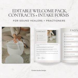 Puede incluir: Un conjunto de documentos imprimibles para sanadores de sonido y practicantes. Los documentos incluyen formularios de admisión, contratos, un paquete de bienvenida y una sección de preguntas frecuentes. Los documentos están diseñados para ser editados y personalizados. La imagen muestra un primer plano de los documentos con una persona sosteniendo un cuenco de canto en el fondo.