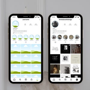 May include: Two smartphone mockups displaying Instagram profiles. One shows a profile with the username field, the other shows the username EmeliaStudioDesign. The Instagram mockups include profile pictures, posts, highlights, and navigation icons. The text "INSTAGRAM MOCKUPS" is at the top.
