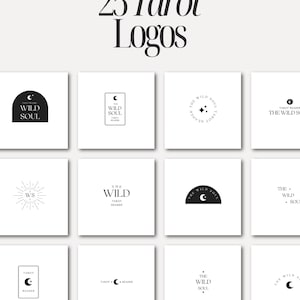 Può includere: Una collezione di 25 loghi di Tarocchi in bianco e nero. Ogni logo presenta design minimalisti con lune crescenti, stelle e testo come "Wild Soul" e "Tarot Reader". I loghi sono visualizzati su quadrati bianchi individuali.