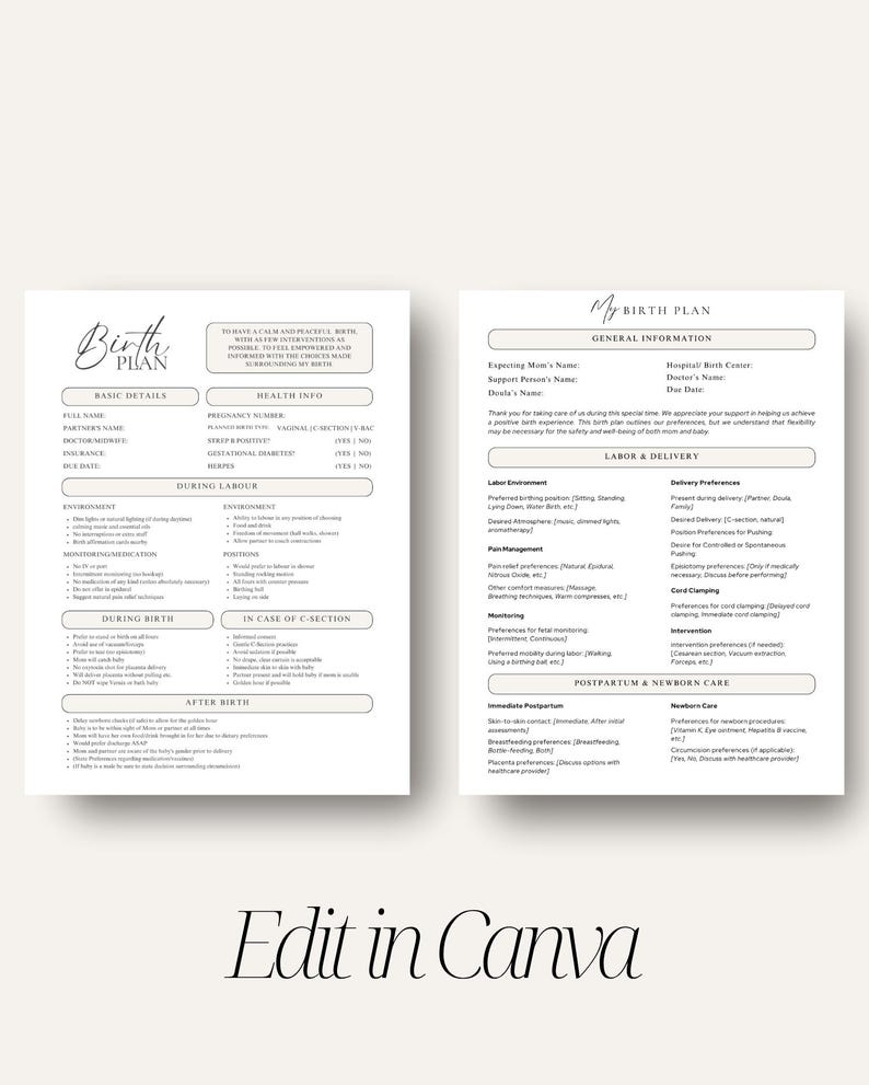 Plan de parto integral, plantilla de Canva: planificador de parto imprimible, recurso para doulas, parteras y madres primerizas. imagen 8