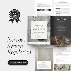 Op de afbeelding: Een digitaal sjabloon van 29 pagina's getiteld Nervous System Regulation as the Foundation of Lasting Transformation. Het document bevat secties over stressmanagement, anatomie van het zenuwstelsel en holistische gezondheidspraktijken.