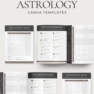 May include: A collection of astrology-themed Canva templates. The image features open books and charts with titles like "Cheat Sheet Astrology" and "The 12 Zodiac Signs." The pages display detailed information about zodiac signs and moon phases, with a clean, minimalist design.