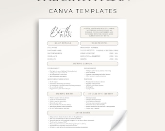 Plan de parto integral, plantilla de Canva: planificador de parto imprimible, recurso para doulas, parteras y madres primerizas.