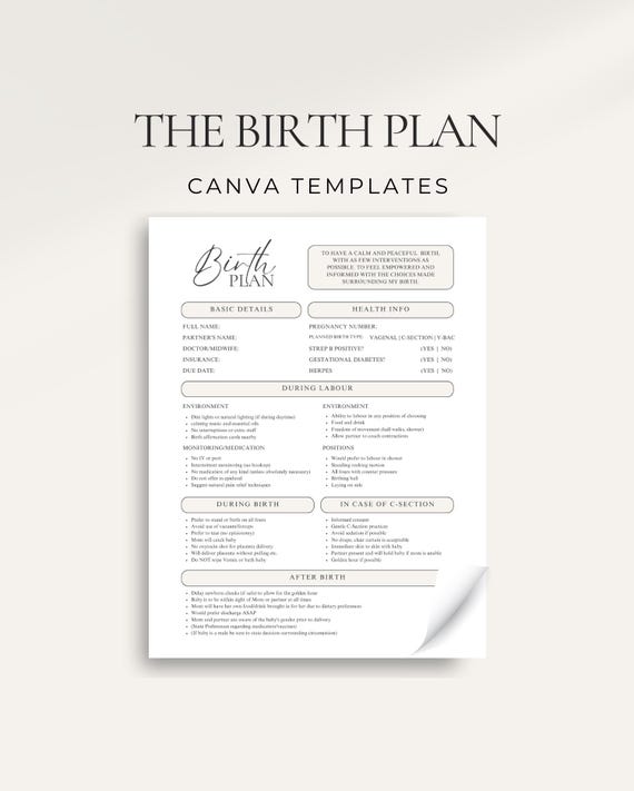 Comprehensive Birth Plan, Canva Template: Printable Birthing Planner, Doula Resource, Midwife, New Mom