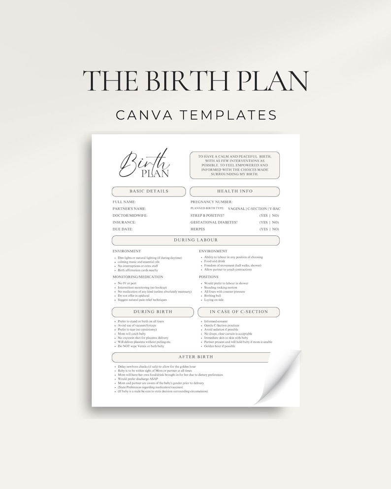 Plan de parto integral, plantilla de Canva: planificador de parto imprimible, recurso para doulas, parteras y madres primerizas. imagen 1