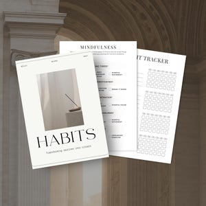 Może przedstawiać: Trzy białe kartki papieru. Na pierwszej kartce znajduje się słowo „HABITS” i podtytuł „Transforming routines into rituals”. Druga kartka zatytułowana jest „MINDFULNESS”, a trzecia to narzędzie do śledzenia nawyków.