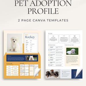 May include: A two-page pet adoption profile Canva template set featuring a white puppy photo, text fields for name, breed, age, and personality traits, plus sections for needs, home preferences, and a carer note with a photo of a white dog.