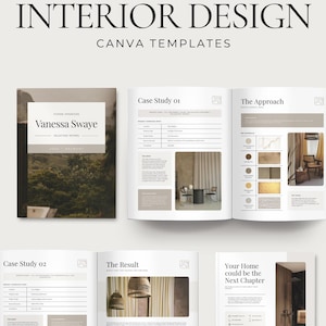 May include: A digital portfolio interior design Canva template set featuring a cover page titled Vanessa Swaye Selected Works, and multiple interior design case study pages with project overviews, material palettes, and photography layouts.
