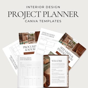 Op de afbeelding: Een interieurontwerp projectplanner met Canva-sjablonen. De pagina's tonen tekst waaronder Interior Design Project Planner, Annual Goals & Focus Areas, Procurement & Sourcing, Site Visits & Installation en Installation Day Schedule.