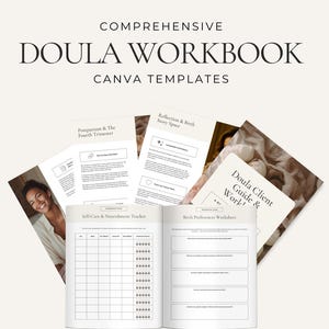 May include: A comprehensive doula workbook with Canva templates. The image shows an open workbook with pages titled "Self-Care & Nourishment Tracker" and "Birth Preferences Worksheet." Several other pages are visible, including "Postpartum & The Fourth Trimester" and "Reflection & Birth Story Space."