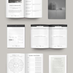 May include: A collection of open journals and pages featuring black and white layouts. The pages include sections titled Daily Check-ins, Self Reflection, Wheel of Life, Habit Tracker, and Affirmations, with various prompts, grids, and lines.