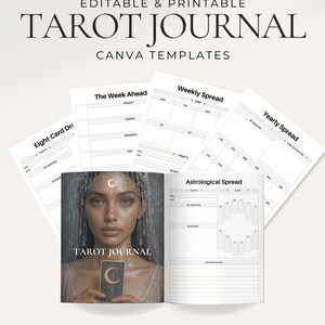Puede incluir: Un diario de tarot con el texto "TAROT JOURNAL" y "CANVA TEMPLATES". El diario está abierto, mostrando varias páginas de diseño, incluyendo "Weekly Spread" y "Astrological Spread". La portada presenta a una mujer sosteniendo una carta de tarot.