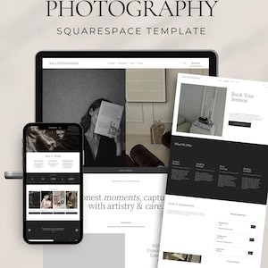 May include: A digital mockup of a photography website template displayed on a laptop, smartphone, and printed pages. The website design is monochrome, with the text "PHOTOGRAPHY SQUARESPACE TEMPLATE" at the top. The website showcases portfolio, scheduling, and contact information.