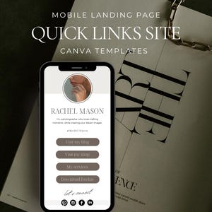 May include: A mobile landing page quick links site Canva template displayed on a smartphone screen. The interface features a circular profile photo, the name Rachel Mason, a short bio, four rectangular buttons, and social media icons at the bottom.