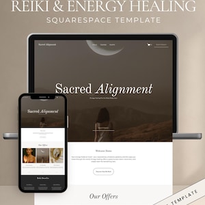 Könnte beinhalten: Eine Squarespace-Website-Vorlage für Reiki und Energieheilung, dargestellt auf einem Laptop und einem Smartphone. Der Bildschirm zeigt den Text Sacred Alignment, eine Mondsichel-Grafik sowie Abschnitte mit den Titeln Our Offers und Reiki Benefits.