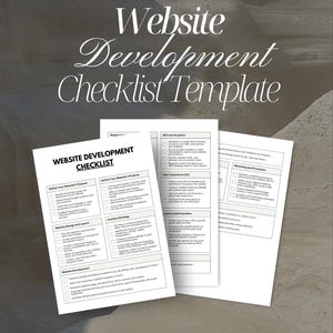 May include: Three white paper checklists titled "Website Development Checklist Template" on a textured, neutral background. The checklists include sections for website design, SEO, and user experience, with checkboxes for each task.