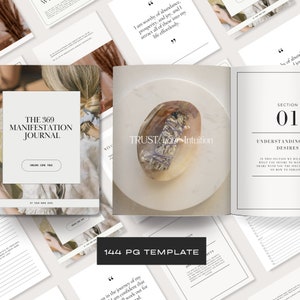 May include: A collection of white and beige journals and pages with text. One journal cover reads "The 369 Manifestation Journal" with "Dreams Come True" below. A sage bundle rests in a shell. The text "144 PG TEMPLATE" is visible.