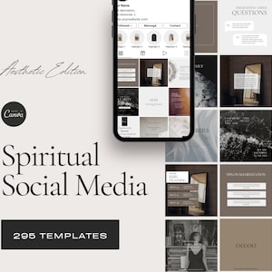 Könnte beinhalten: Eine digitale Sammlung von 295 Social-Media-Vorlagen mit dem Titel Spiritual Social Media Aesthetic Edition. Die Darstellung zeigt ein Smartphone mit einem Instagram-Profilraster, das Grafiken in neutralen Tönen enthält.
