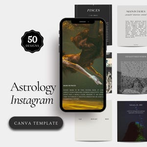 Plantillas de astrología, plantillas de Canva para redes sociales, publicaciones del zodiaco, estética oscura, cósmica, cartas astrales, citas espirituales, portadas
