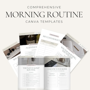 May include: A collection of Canva templates for a comprehensive morning routine. The templates include checklists, custom routine pages, and mood selection guides. The design is minimalist with a neutral color palette, featuring text like "Morning Routine" and "Choose Your Mode."