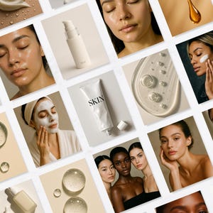 May include: A collage of skincare products and diverse individuals featuring a white tube labeled SKIN, a white pump bottle, clear serum droplets, white cream swirls, and various close-up portraits of people with glowing, healthy-looking skin.