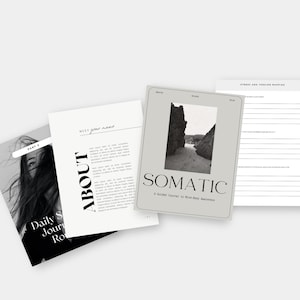 以下が含まれることがあります： Somatic A Guided Journal to Mind-Body Awarenessというタイトルの表紙、白黒の風景写真、Aboutページ、Daily Somatic Journalページ、Stress and Tension Mappingページを含むジャーナルページのコレクション。