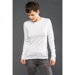 Camiseta de manga larga de jersey fino para mujer Blanks+, negra, blanca, tallas S-2XL, mezcla de algodón ecológico