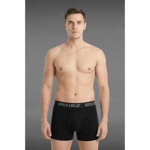 May include: Black boxer briefs with a white waistband featuring the text "eco-HYBRID". The briefs are made of a soft, cotton blend fabric. The model is standing in front of a gray background.