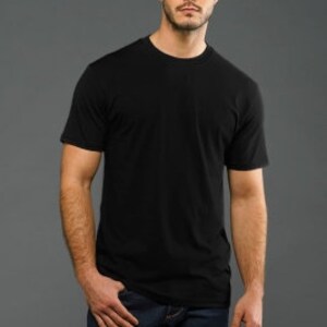 May include: A black short-sleeved t-shirt with a crew neck.
