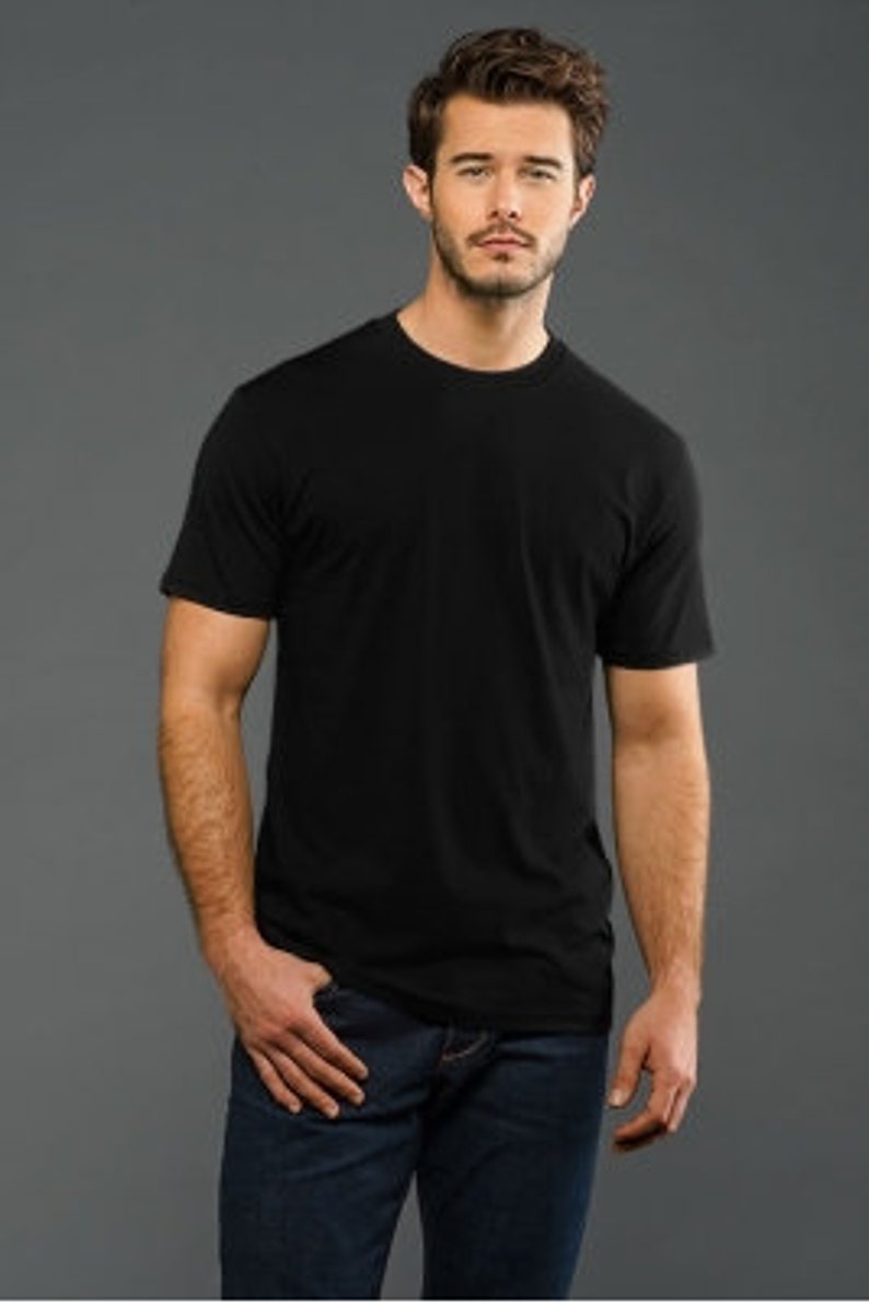 May include: A black short-sleeved t-shirt with a crew neck.