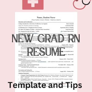May include: A pink and white resume template with a red heart, a red first aid kit, and a red stethoscope. The resume is titled "New Grad RN Resume Template and Tips".