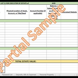 May include: A green and yellow spreadsheet with the title "This list is for executor of estate of" and the date "12/27/2022". The spreadsheet is divided into columns with headings such as "Asset", "Ownership", "Physical Location of Asset, Account, or Title/Deed", "Account Number (if applicable)", "Balance/Estimated Value as of (enter date)", "Associated Website", "Beneficiaries Named in Documents if all owners die", and "Desired Beneficiary after All Owners Die, All Beneficiaries Die, and/or Absent Documents".