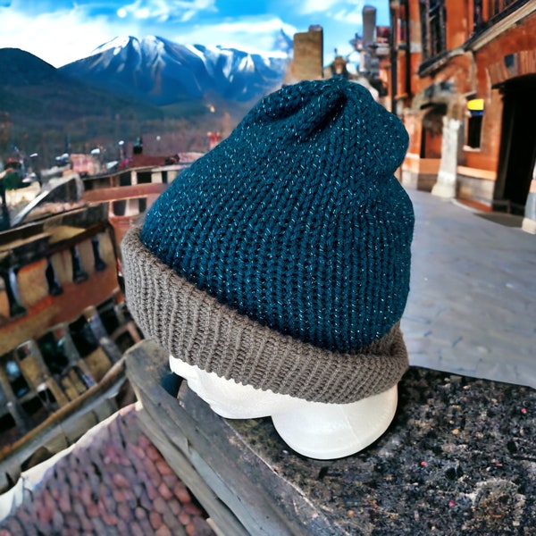 Double-Layered  Winter Knit Hat - Uniquely Warm and Comfortable. Grey and sparkly blue.  Teen/adult