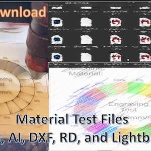 May include: A close-up of a laser engraving machine cutting a circular design into a piece of wood. The design includes a circle with 12 segments, each labeled with a percentage. The text "Engraving Test 200mm/s" is in the center of the circle. The text "Material Test Files SVG, AI, DXF, RD, and Lightburn" is below the circle.