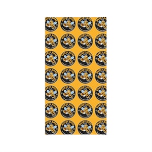 May include: A rectangular sheet with a repeating pattern of circular logos featuring a cartoon bee holding a tray of food. The logos are black and yellow, with the text "BUZZY BITES" and "BITE INTO HAPPINESS". The background is a solid yellow.