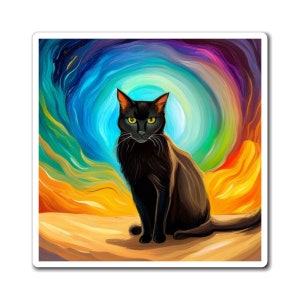 Magnet Black cat center of the universe art painting rainbow bright colors